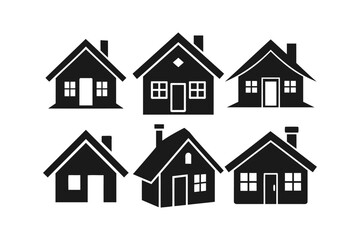 A collection of six simple, black silhouette icons of houses.