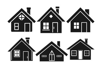A collection of six simple, black silhouette icons of houses.