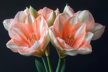 Three Peach Colored Amaryllis Flowers Blooming Together