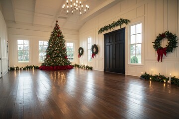 A large room with a black door and a Christmas tree in the corner. The room is decorated with wreaths and candles .