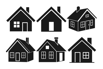 A collection of six simple, black silhouette icons of houses.