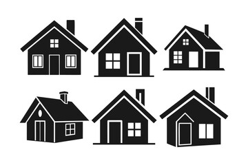 A collection of six simple, black silhouette icons of houses.