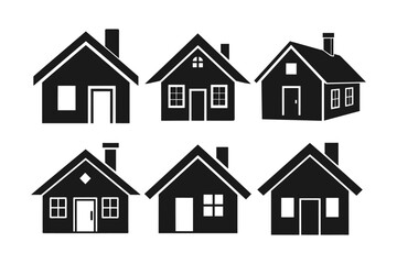 A collection of six simple, black silhouette icons of houses.