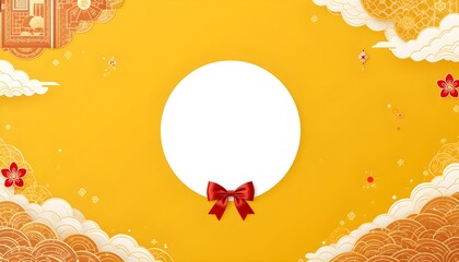 A festive Chinese New Year background featuring a blank white circle adorned with a red bow, surrounded by intricate paper cutouts of flowers and clouds on a bright yellow background.