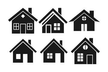 A collection of six simple, black silhouette icons of houses.