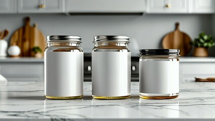 Honey Jar Mock-Up - Three Jars. Blank Label 