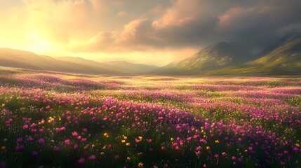 Obraz premium Serene Sunset Over Vast Wildflower Meadow Landscape