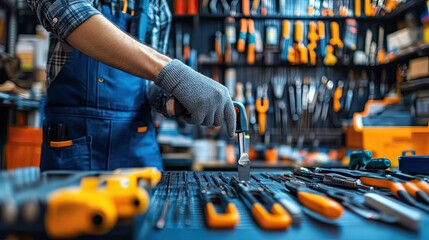 Craftsman organizes tools in a well stocked workshop