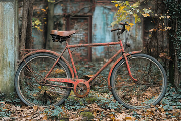 Fototapeta premium Rusty Bicycle Abandoned In Autumn Woods