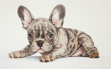 A lively French bulldog puppy crouching with its shiny coat and adorable wrinkles accentuated by soft lighting, its ears perked up, and captured on a pure white background in stunning clarity 