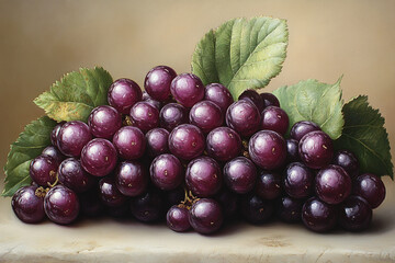 Fototapeta premium A Cluster of Dark Purple Grapes with Lush Green Leaves