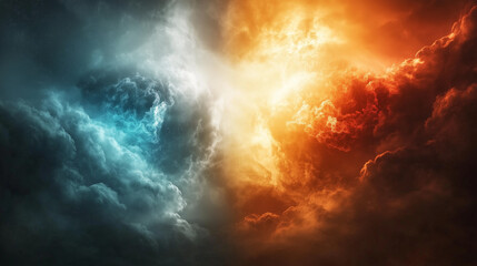 Epic cosmic nebula storm in deep space with dramatic orange and blue nebula on either side. The center of the universe remains empty, showcasing the contrasting dark red and orange hues on one side an