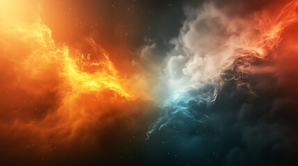 Fototapeta premium Epic cosmic nebula storm in deep space with dramatic orange and blue nebula on either side. The center of the universe remains empty, showcasing the contrasting dark red and orange hues on one side an