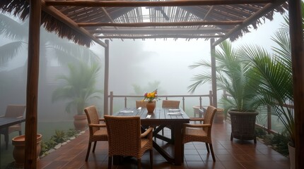 Fototapeta premium Luxurious restaurant and hotel interior with wooden furniture, tables, chairs, and a cozy ambiance for dining and relaxation