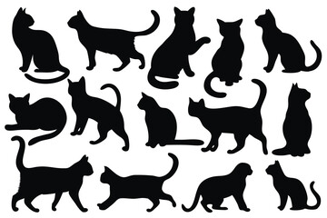 Cat silhouettes set isolated flat vector illustration on white background