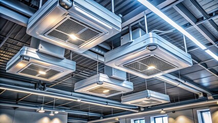 Obraz premium Commercial HVAC Systems: Modern Building Air Conditioning Units, Ceiling Mounted, Industrial Air Conditioning
