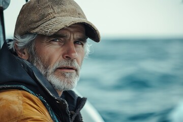 A bearded man wearing a winter hat, exuding a cozy and warm appearance against a cold backdrop. A man is a fisherman on a fishing trip. Background with selective focus and copy space .