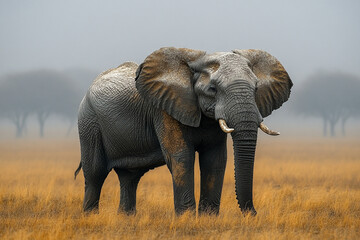 Fototapeta premium A lone African elephant stands in a misty savanna