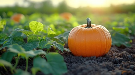 Fototapeta premium Ripe Pumpkin in a Lush Autumn Field
