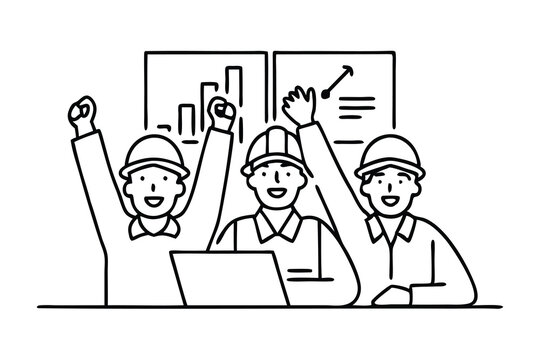 Happy engineers celebrating project completion, celebration of engineering team concept Hand Drawn Continuous Line art flat vector illustration.