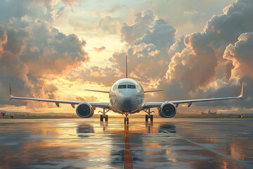 Airplane on Runway at Sunset Dramatic Sky