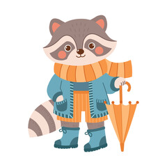 Raccoon in coat, scarf, wellies with umbrella. Cute spring forest woods woodland character. Vector illustration isolated on transparent background.