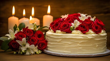 Fototapeta premium A delicious white cake adorned with red roses and lilies sits next to a matching bouquet, illuminated by four softly glowing candles. A perfect image for celebrations or romantic occasions.
