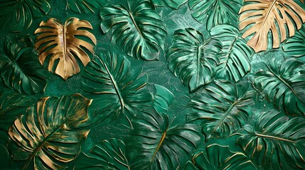 Naklejka premium Green and Gold Tropical Leaf Art Design