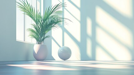 3d rendering of a plant in a vase on a table in front of, soft neon atmosphere