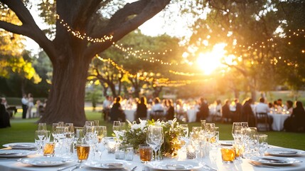 Elegant outdoor wedding reception. Tables are set for dinner under a large tree with string lights, as the sun sets in the background. Guests are enjoying the party.