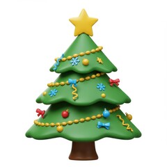 A 3D illustration of a green Christmas tree decorated with colorful ornaments and topped with a yellow star, isolated on a white background