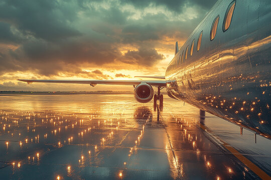 Airplane on Wet Runway at Golden Sunset