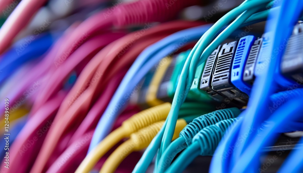 Poster close-up of well-organized internet wires, featuring a spectrum of colors that create a visually app