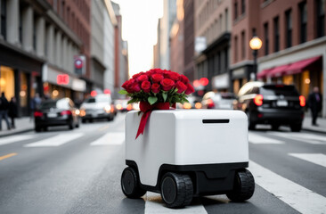 A delivery robot delivers a bouquet of flowers. gift delivery. valentine's day