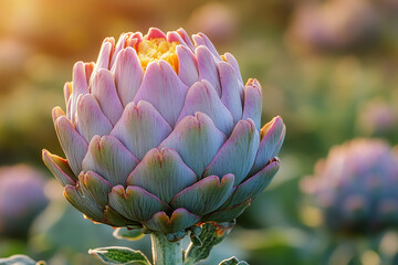 Artichoke flower blooming in sunlight garden field