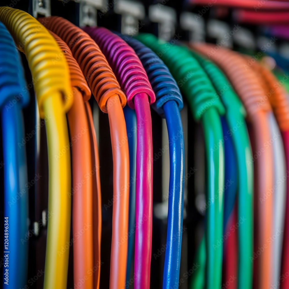 Poster close-up of well-organized internet wires, featuring a spectrum of colors that create a visually app