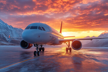 Airplane on Runway at Sunset with Snowy Mountains