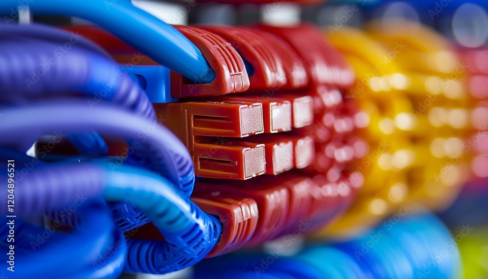 Poster close-up of well-organized internet wires, featuring a spectrum of colors that create a visually app