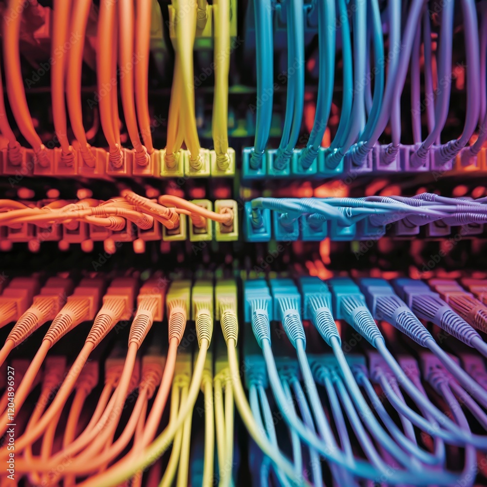 Poster close-up of well-organized internet wires, featuring a spectrum of colors that create a visually app