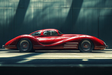 Fototapeta premium Classic Red Coupe Parked Against a Teal Wall