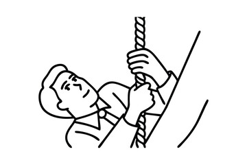 Businessman climbing rope. Metaphor of struggling to advance business. Business failed to develop Hand Drawn Continuous Line art flat vector illustration.