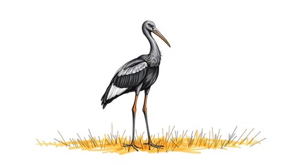 Fototapeta premium Asian Openbill Stork standing in tall grass.