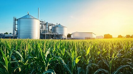 Biofuel plant at sunset, cornfield foreground.