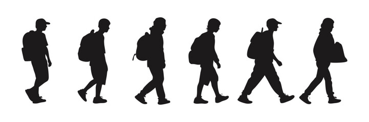 Set of College Student Backpack Silhouettes | Silhouette Collection of Student Backpacks | Vector Art of College Backpacks. Set of Student College Backpack Silhouette