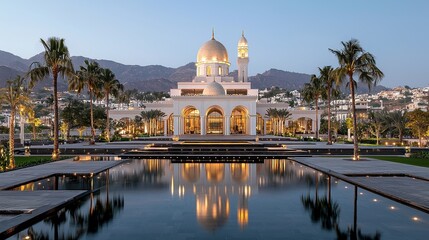 Obraz premium Evening reflection of luxurious architecture coastal resort photography serene environment scenic view opulence