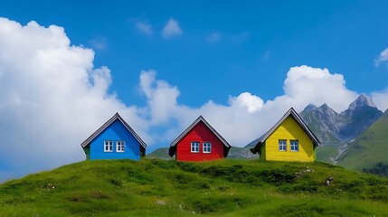 Three colorful houses on a green hill.