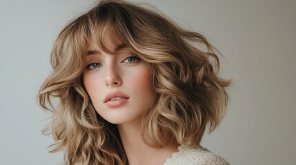 Naklejka premium A young woman with wavy blonde hair and bangs