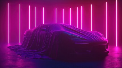 Unveiling sports car, neon lights, studio, reveal