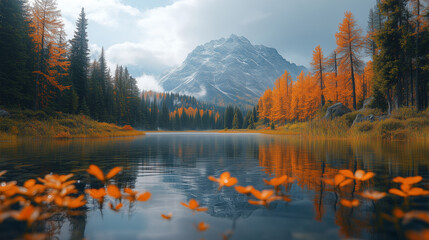 Obraz premium A calm lake fall trees and mountains in the distance