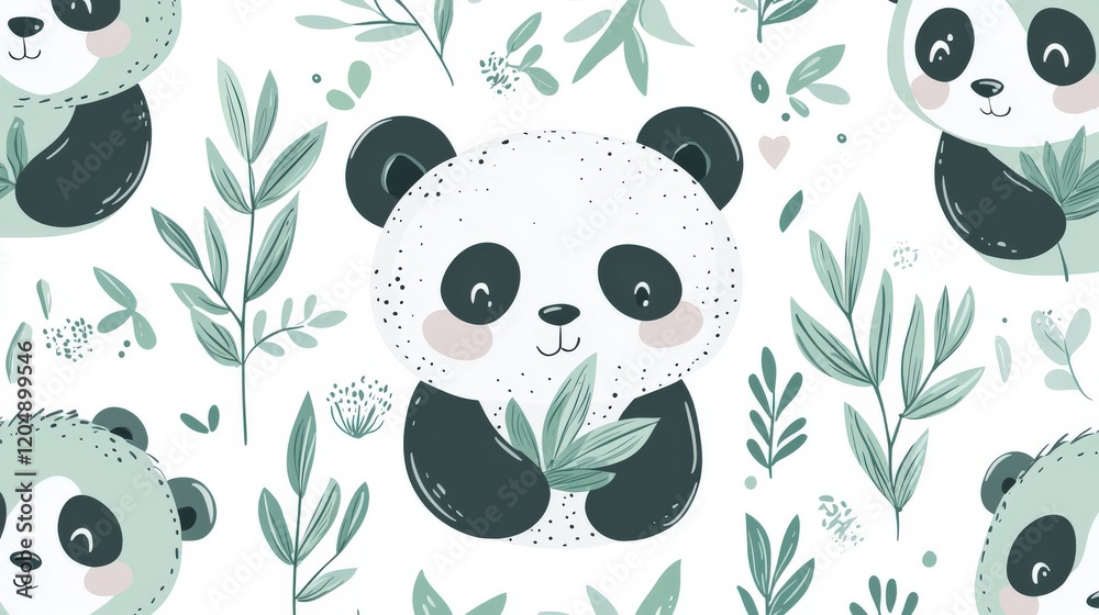 Wall mural playful pandas surrounded by lush greenery in a whimsical pattern design